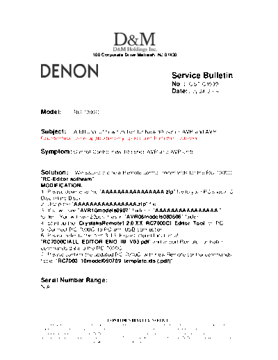 DENON Service Bulletin OST-C1539  DENON Remote Control Unit Remote Control Unit Denon - RC-7000CI Service Bulletin OST-C1539.PDF