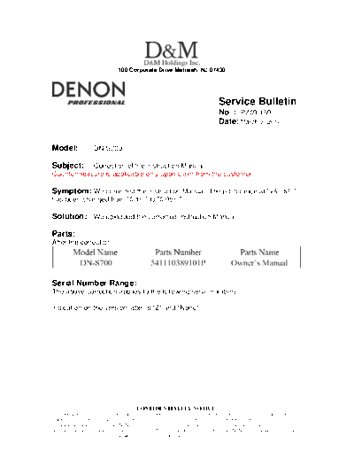 DENON Service Bulletin PZ09-159  DENON Table Top Single CD Player Table Top Single CD Player Denon - DN-S700 Service Bulletin PZ09-159.PDF