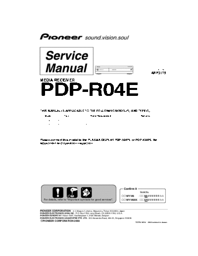 Pioneer PDPR04E PLASMA RECEIVER Service Manual  Pioneer Plasma TV PIONEER PDPR04E PLASMA RECEIVER Service Manual.rar