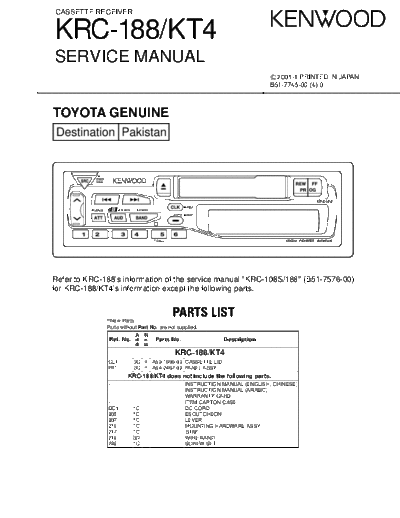 Kenwood KRC-188 & KT4  Kenwood Cassette Receiver Car Cassette Receiver Car Kenwood KRC-188 & KT4 KRC-188 & KT4.pdf