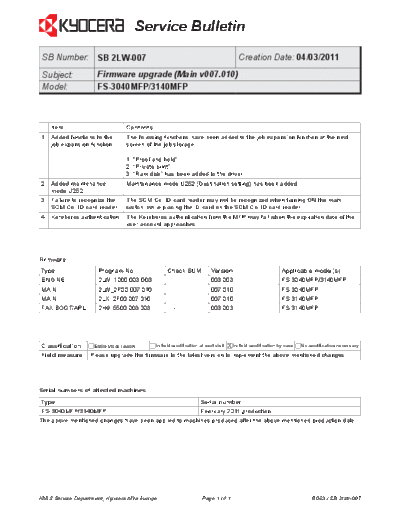 Kyocera 2LW-007  Kyocera Printer FS-3040-3140MFP SERVICEBULLETIN 2LW-007.pdf