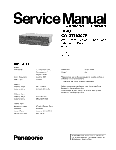 Hino CQ-DT6930  . Rare and Ancient Equipment Hino Car Audio CQ-DT6930.pdf