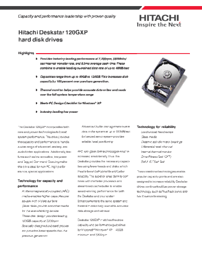 Hitachi Deskstar 120GXP Datasheet  Hitachi disk Hitachi Deskstar 120GXP Datasheet.pdf