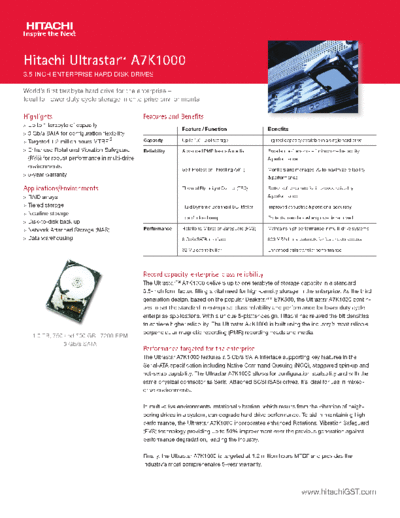 Hitachi Ultrastar A7K1000  Hitachi disk Hitachi Ultrastar A7K1000.PDF