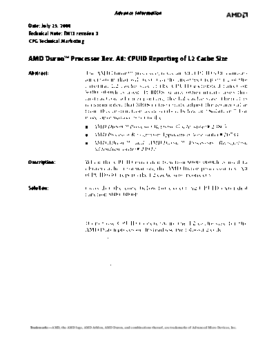 AMD Duron Processor Rev.  A0 -CPUID Reporting of L2 Cache Size  AMD AMD Duron Processor Rev.  A0 -CPUID Reporting of L2 Cache Size.pdf