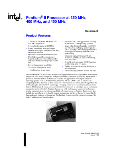 Intel Pentium II Processor at 350 MHz, 400 MHz and 450MHz  Intel Pentium II Processor at 350 MHz, 400 MHz and 450MHz.PDF
